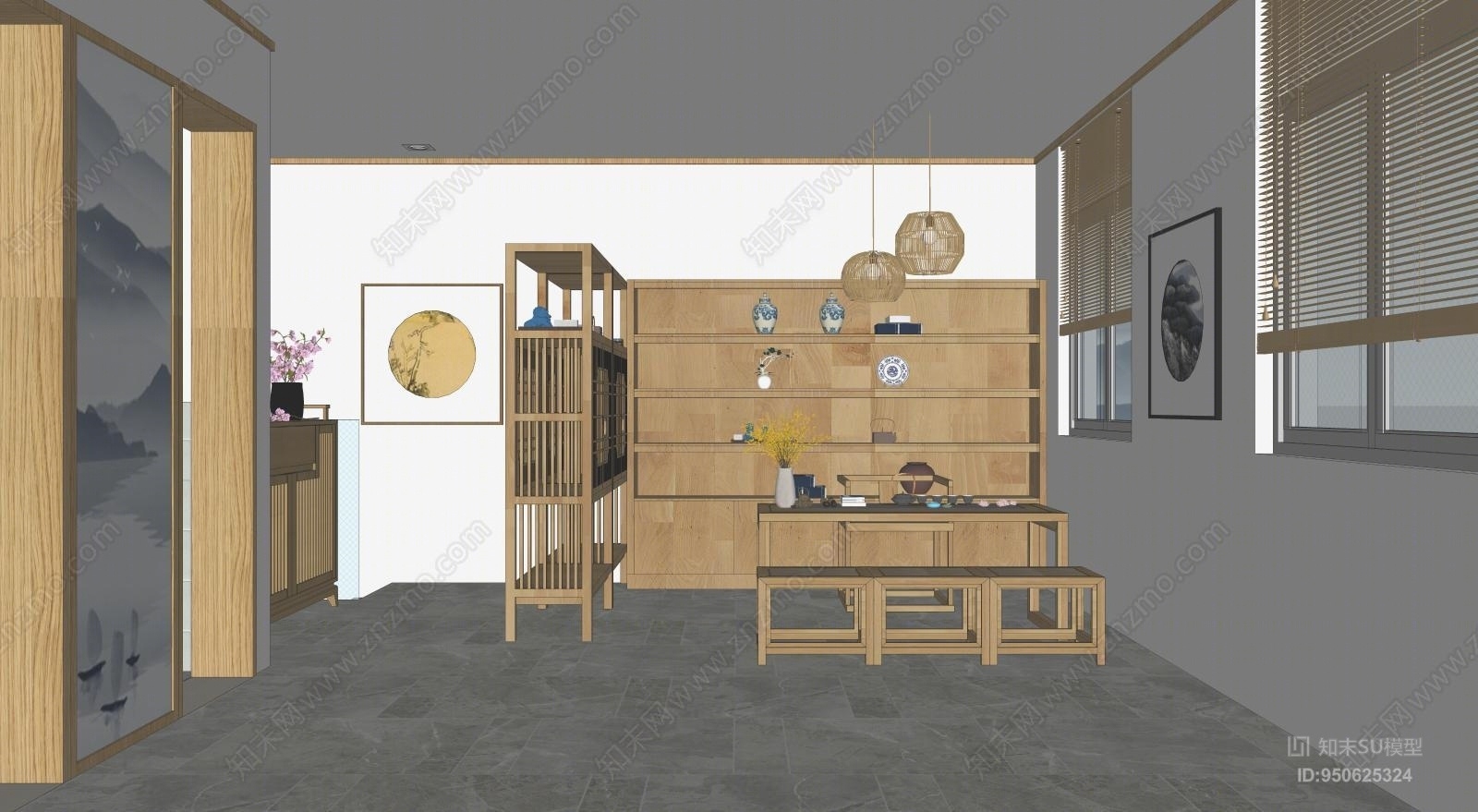 新中式风格茶室SU模型下载【ID:950625324】