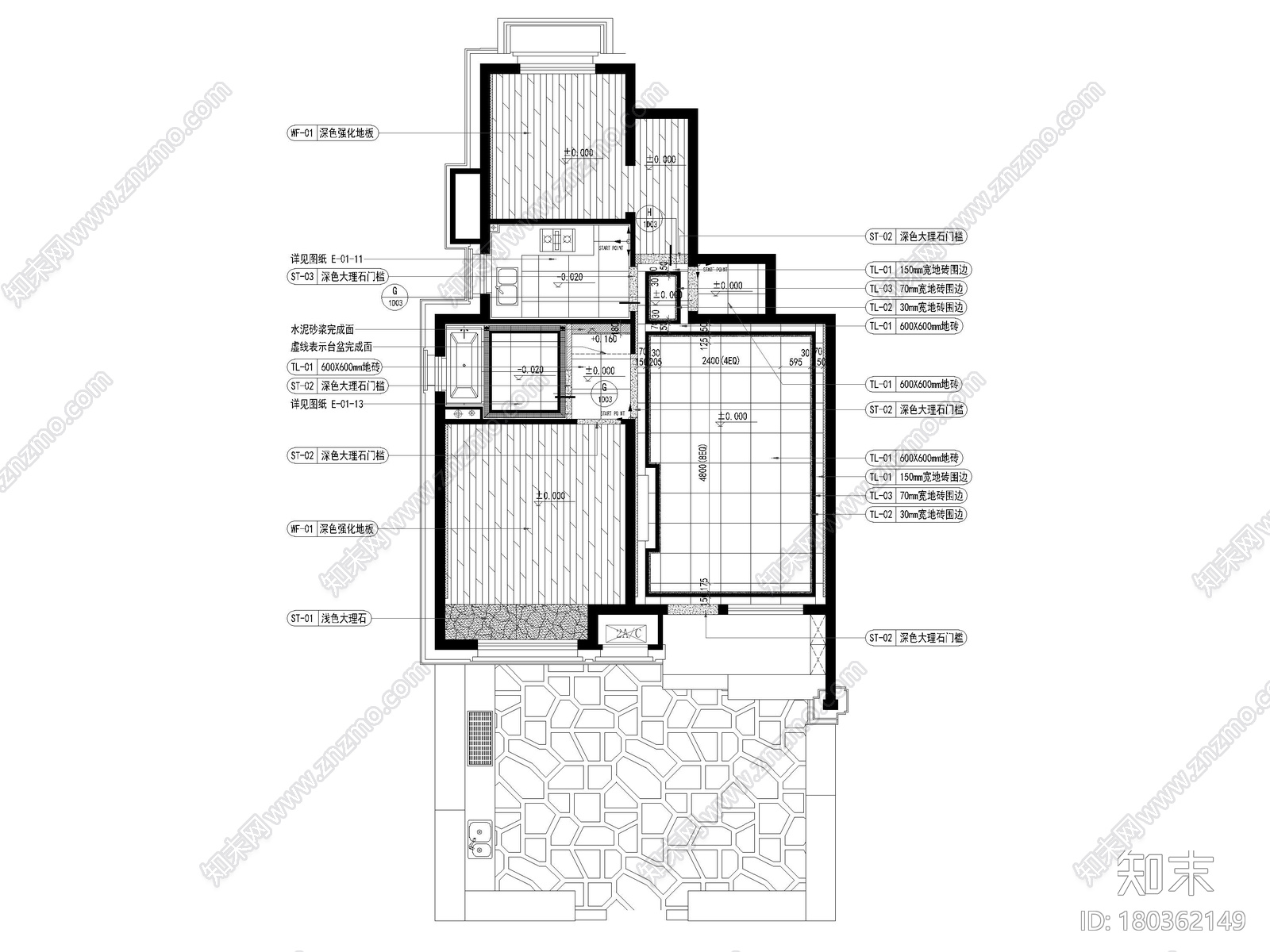 [上海]103㎡现代两居家装户型样板间施工图施工图下载【ID:180362149】