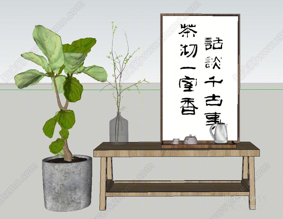 茶室陈设植物盆栽花瓶桌子字画茶具su模型 Id 知末su模型网