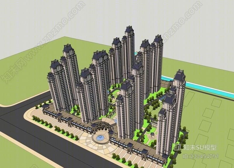 法式小区建筑SU模型下载【ID:233454791】