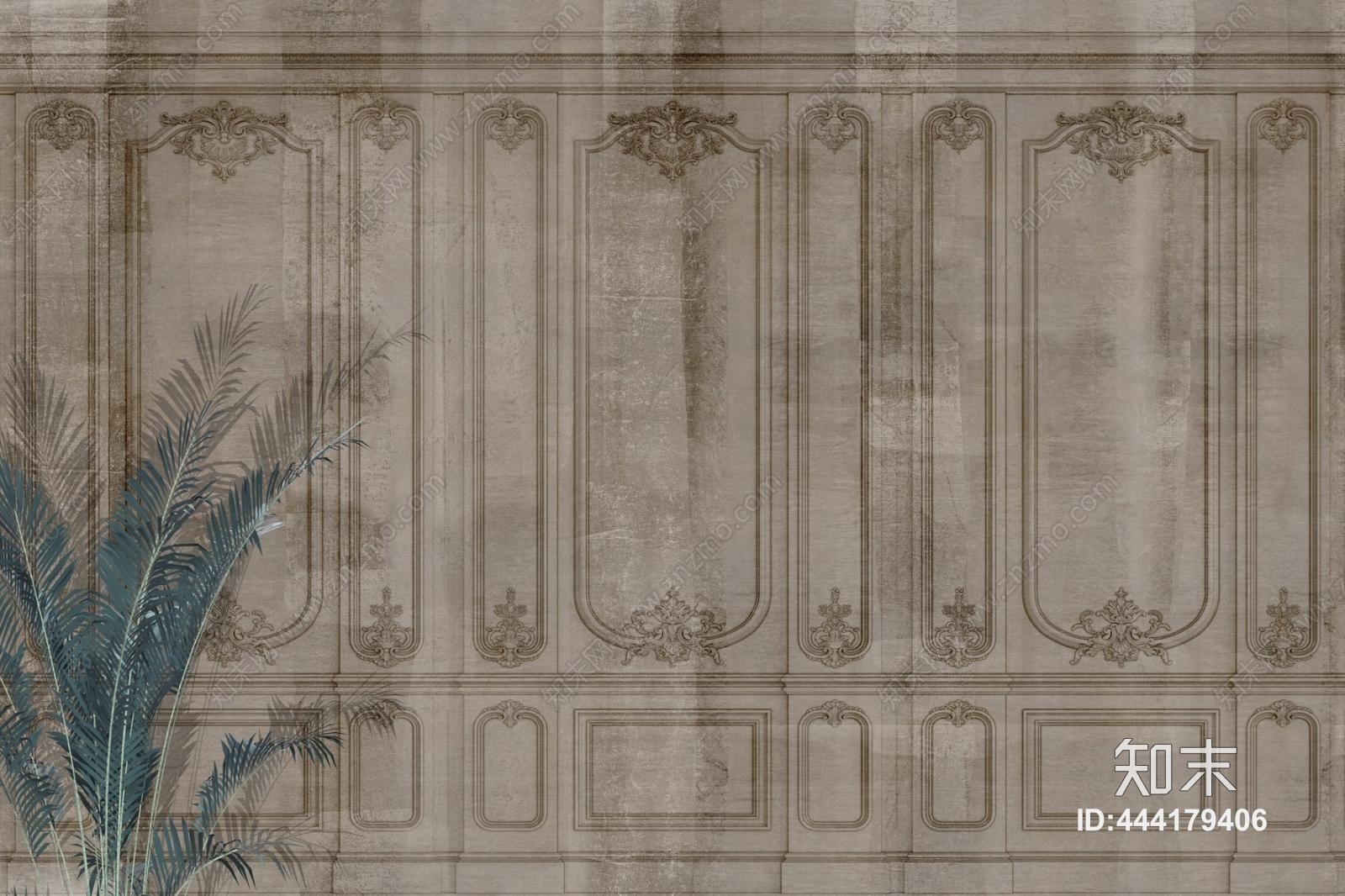 欧式建筑花纹与植物做旧装饰壁纸壁画贴图下载【ID:444179406】