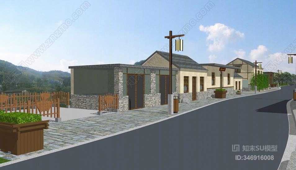 中式山地房屋看台景观SU模型下载【ID:346916008】