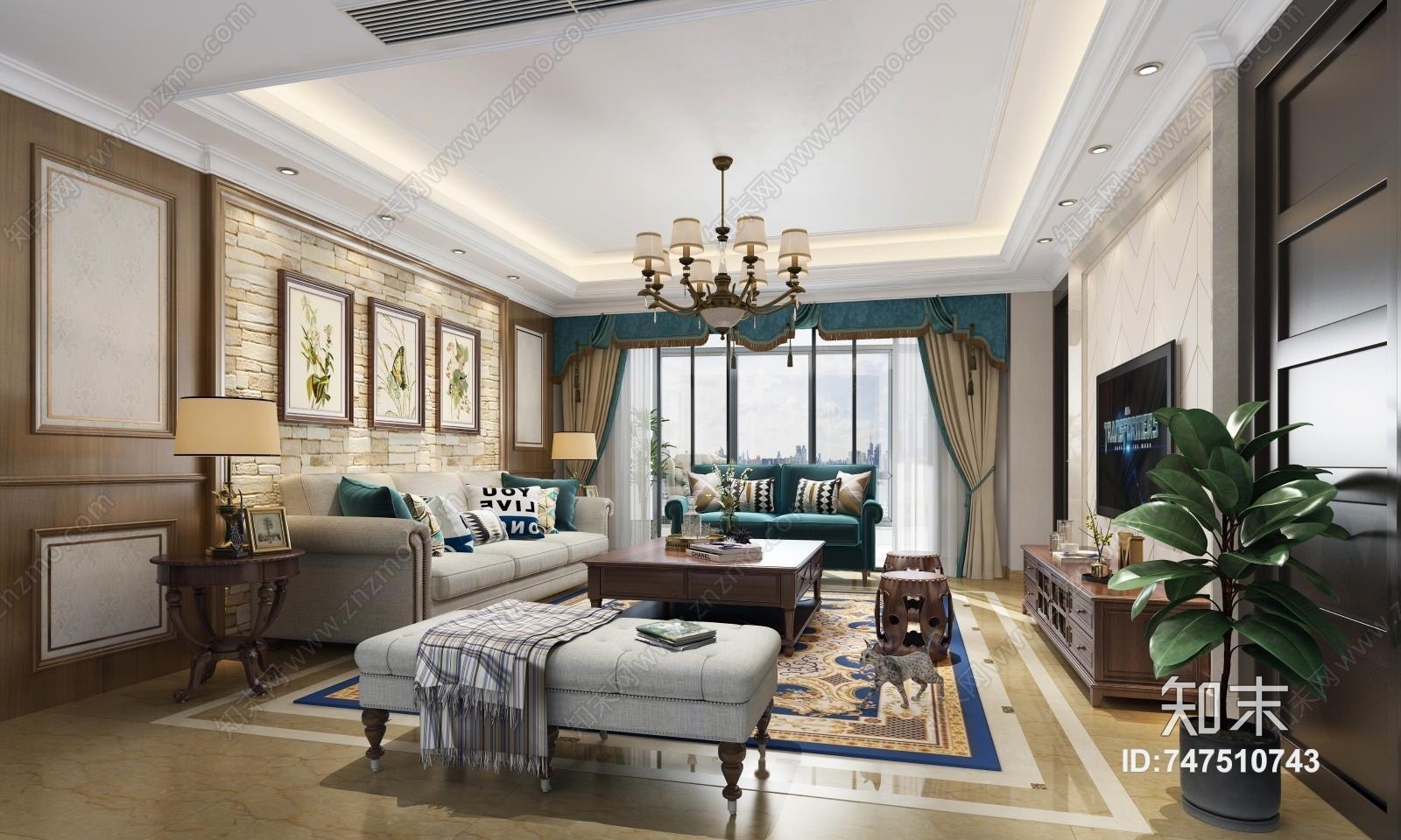 美式风格客餐厅3D模型下载【ID:747510743】