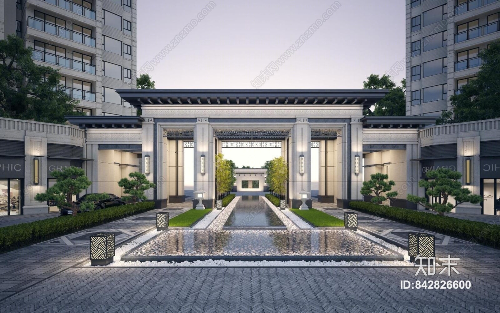 新中式新亚洲住宅小区大门入口3D模型下载【ID:842826600】