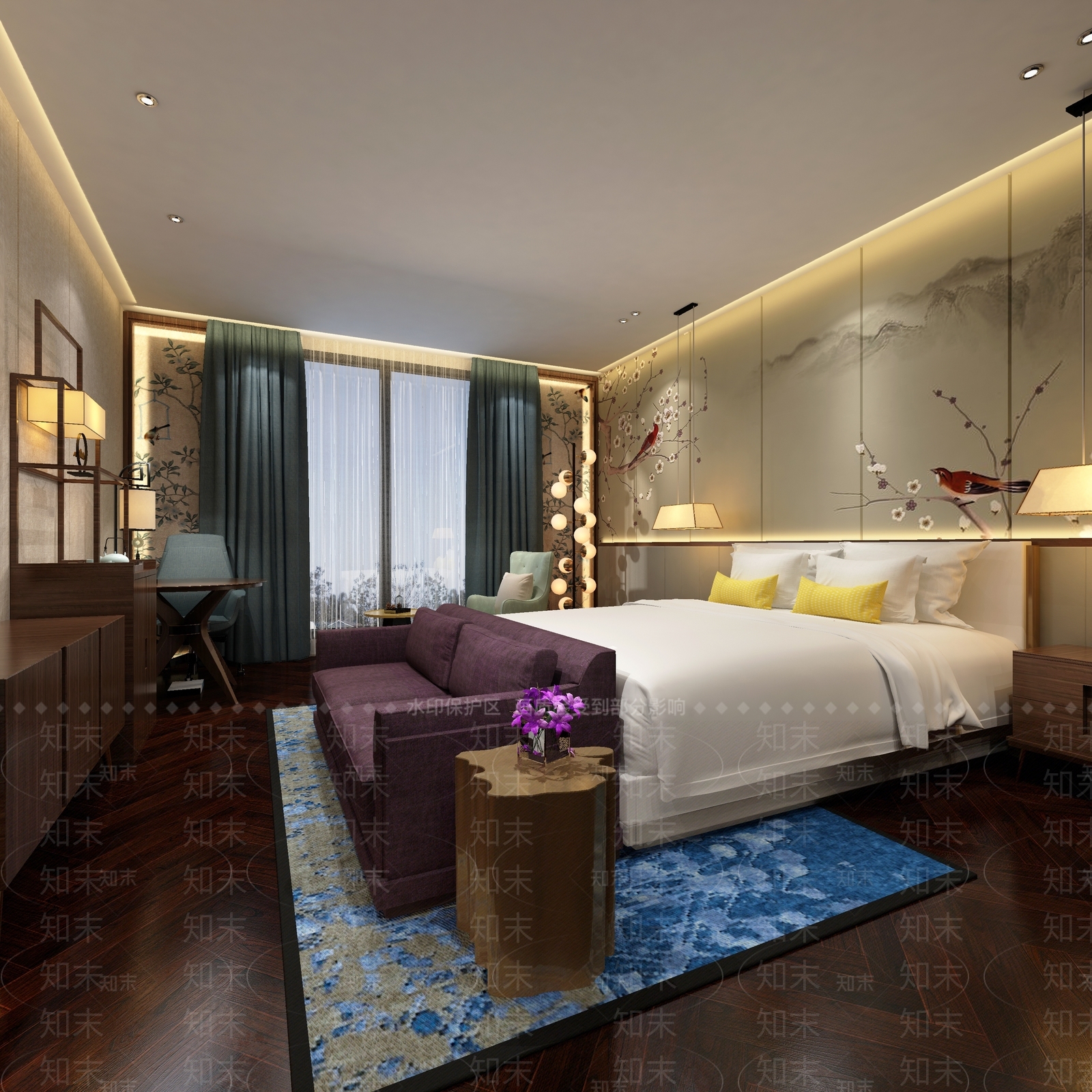 中式酒店客房卧室中式家具沙发3D模型下载【ID:432570633】