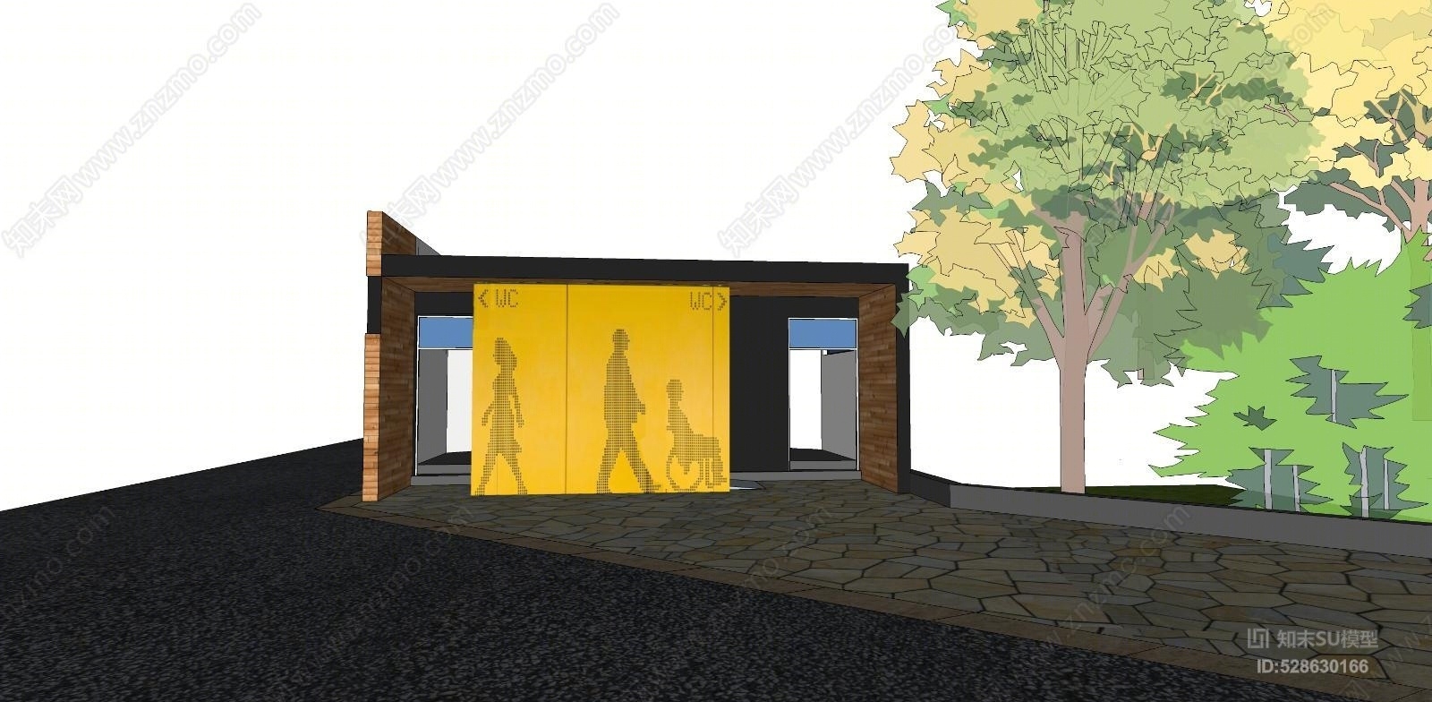 公共卫生间的现代建筑垃圾箱SU模型下载【ID:528630166】
