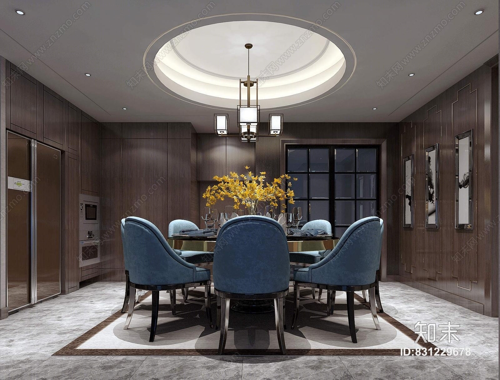 新中式现代中式餐厅餐桌餐椅吊灯装饰画3D模型下载【ID:831229678】