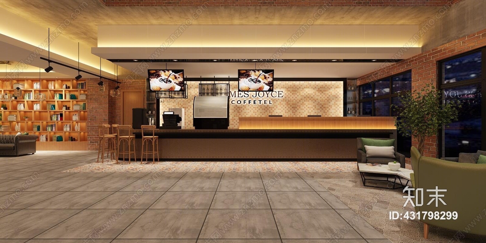 现代工业风酒店大厅吧台休闲区全景图3D模型下载【ID:431798299】