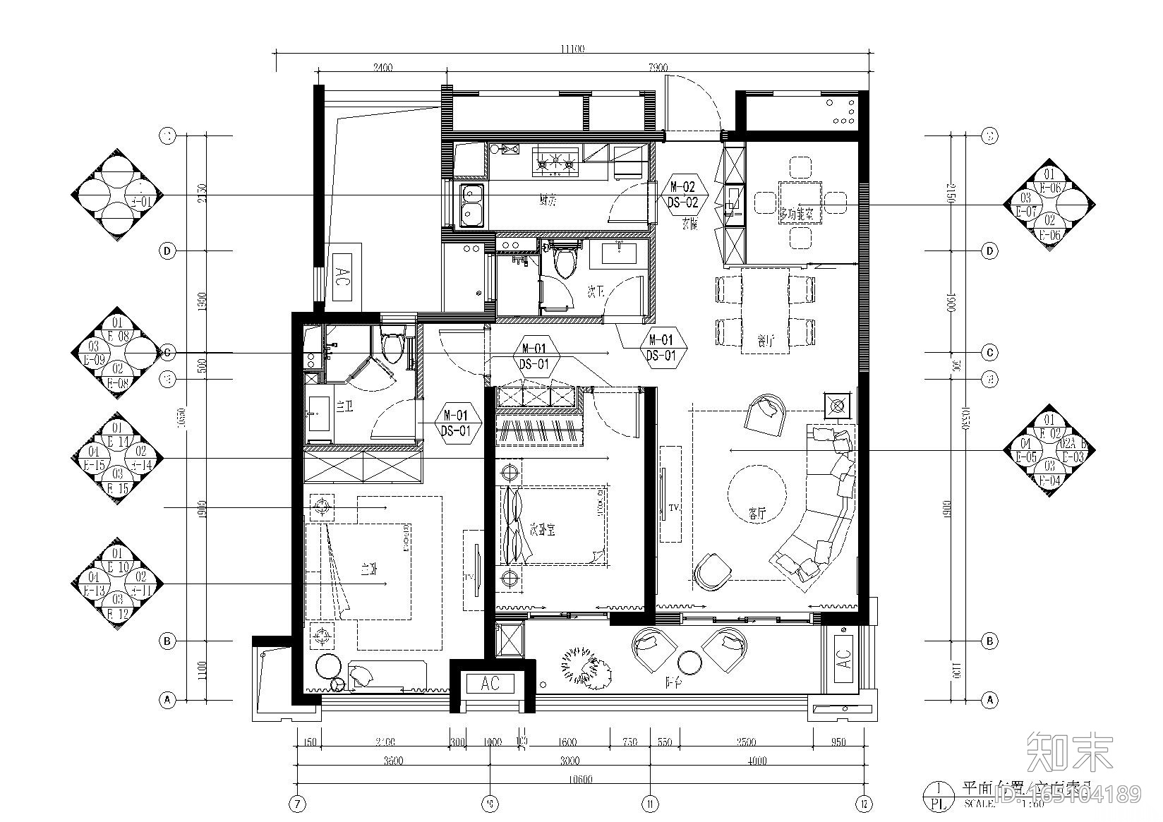 96㎡刚需D户型样板间施工图cad施工图下载【ID:165104189】