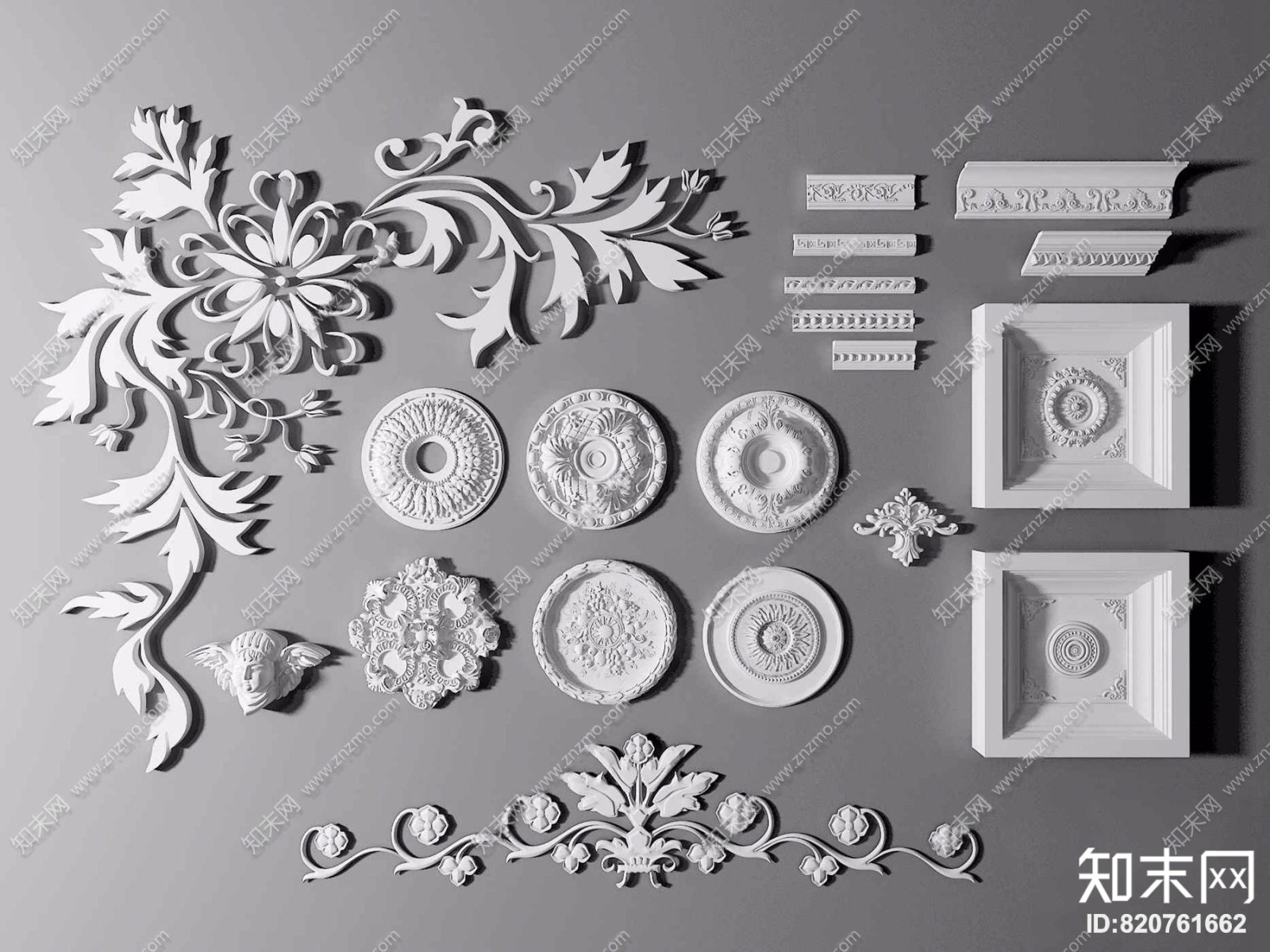 欧式石膏雕花花盘线条角线组合3D模型下载【ID:820761662】