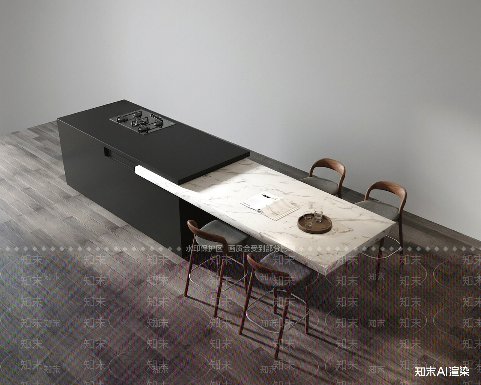 现代岛台餐厅3D模型渲染效果图