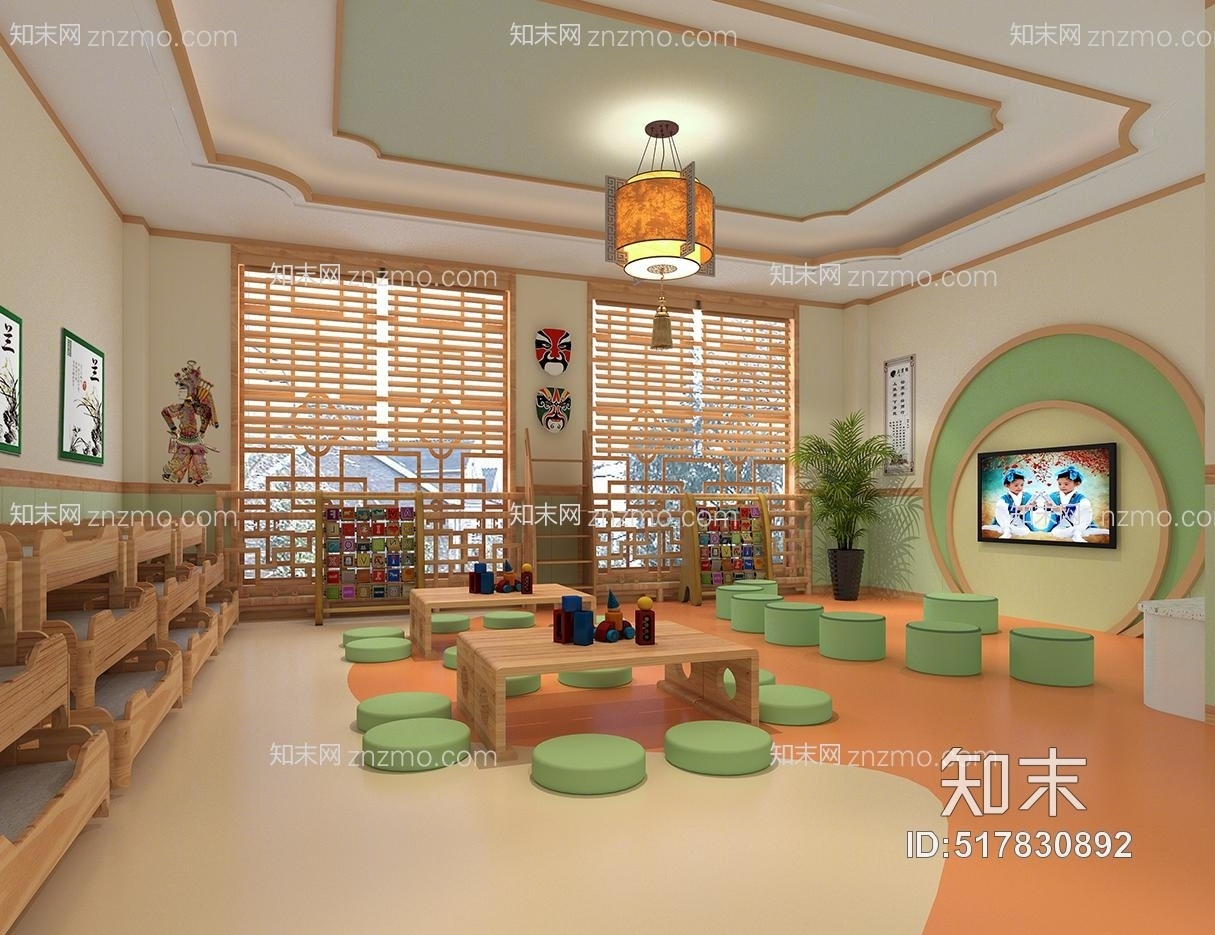新中式童风雅颂国学幼儿园教室3D模型下载【ID:517830892】