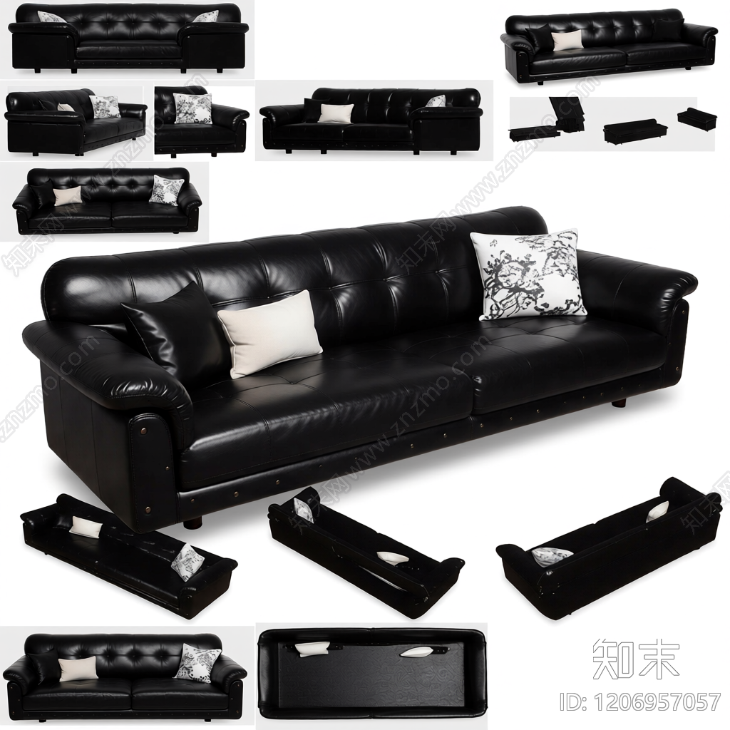 黑色皮质沙发带抱枕3D模型下载【ID:1206957057】