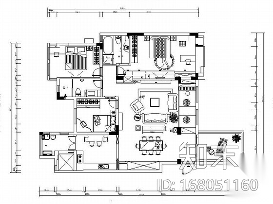 [江西]欧式住宅三居室样板房装修CAD施工图（含效果）施工图下载【ID:168051160】