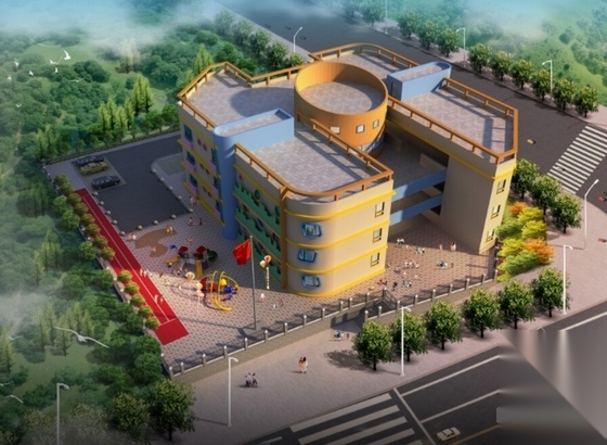 3层现代风格大型幼儿园设计施工图（含效果图）cad施工图下载【ID:165740155】