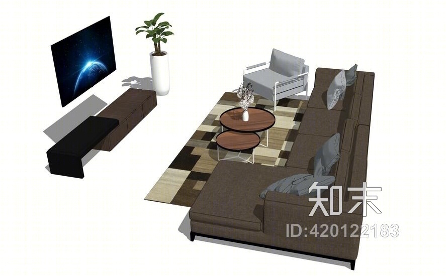 北欧风格客厅沙发茶几电视柜组合SU模型下载【ID:420122183】