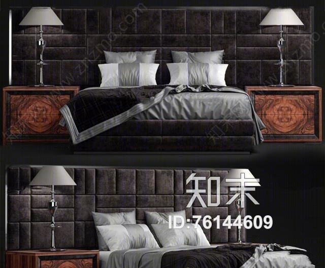 后现代双人床床头柜台灯组合3D模型下载【ID:76144609】