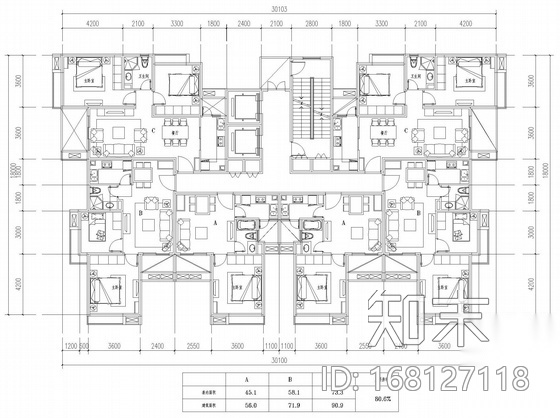 塔式高层一梯六户户型图cad施工图下载【ID:168127118】