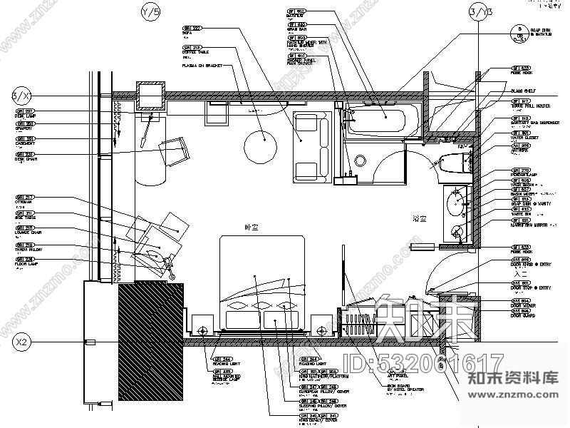 施工图上海五星级酒店五套客房装修图含实景，英文注释施工图下载【ID:532061617】