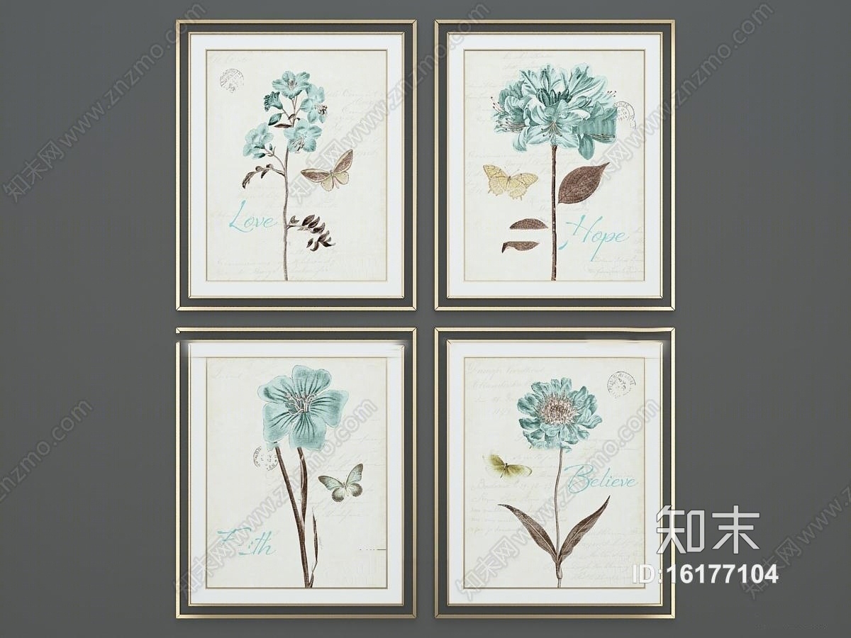 现代手绘植物装饰画组合3D模型下载【ID:16177104】