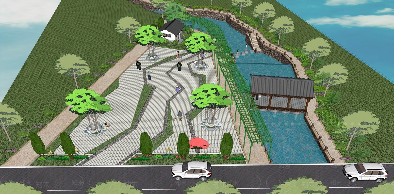 滨河公园景观SU模型下载【ID:173187115】