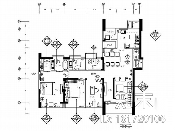 [厦门]典雅风情三居室样板房装修设计施工图（含效果）cad施工图下载【ID:161720106】