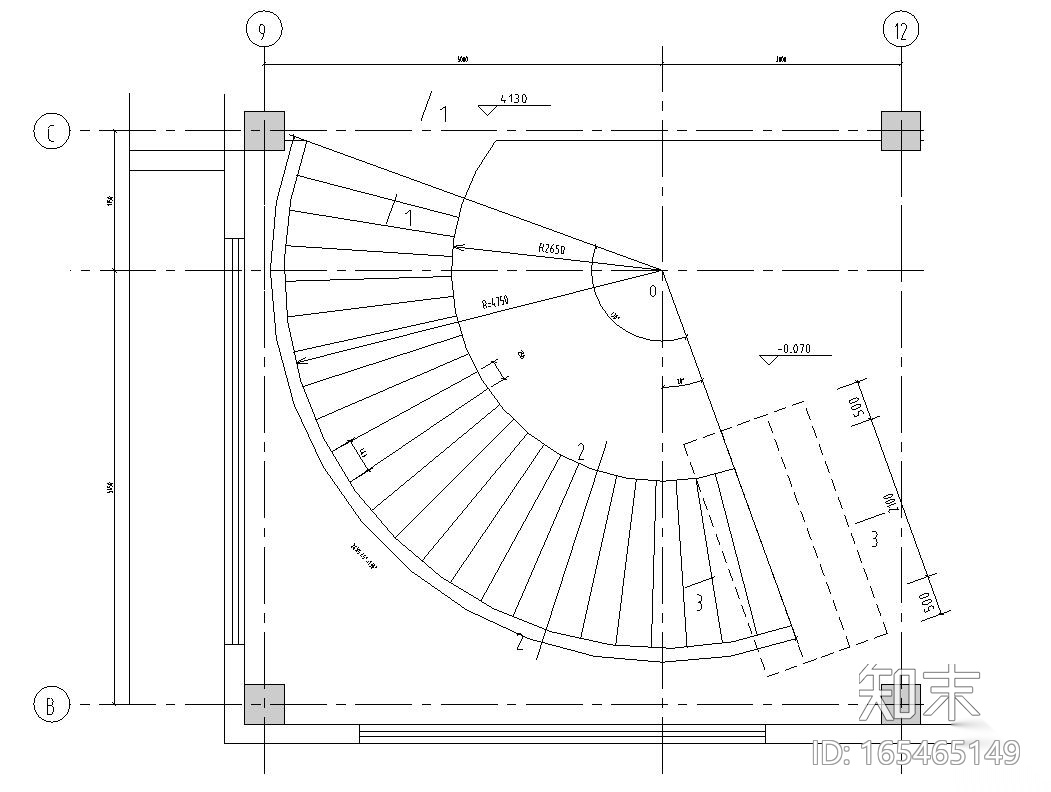 单层扇形旋转混凝土楼梯结构施工图（CAD）施工图下载【ID:165465149】