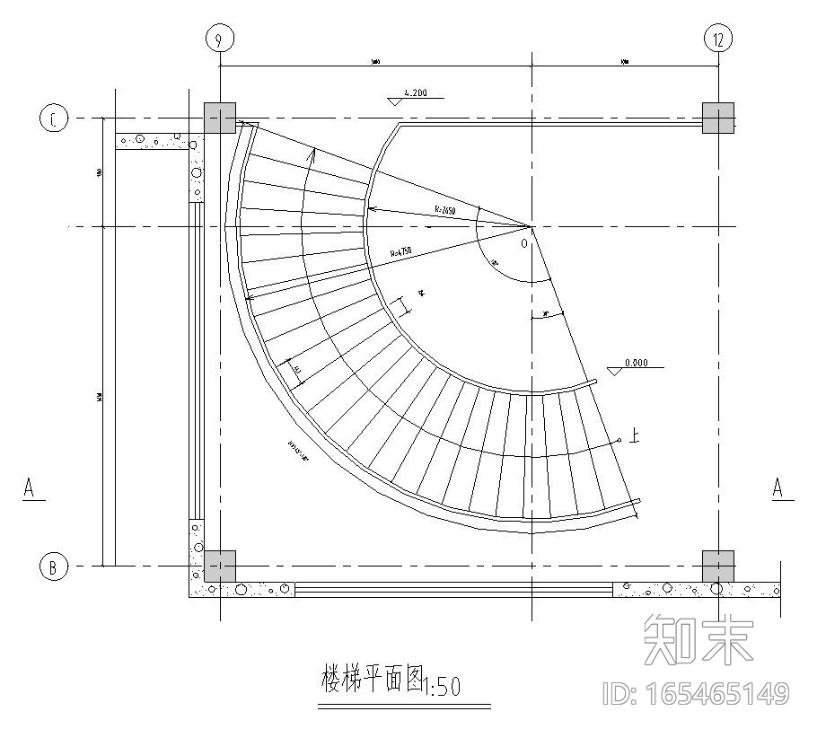 单层扇形旋转混凝土楼梯结构施工图（CAD）施工图下载【ID:165465149】