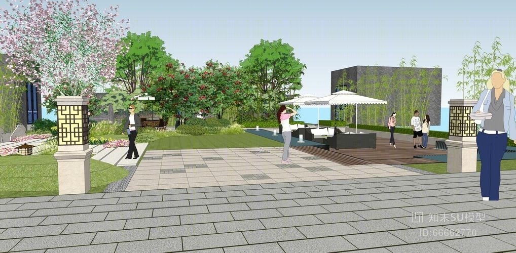中式酒店景观设计SU模型下载【ID:66662770】