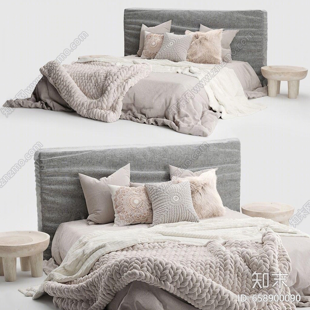 北欧布艺双人床3D模型下载【ID:658900090】