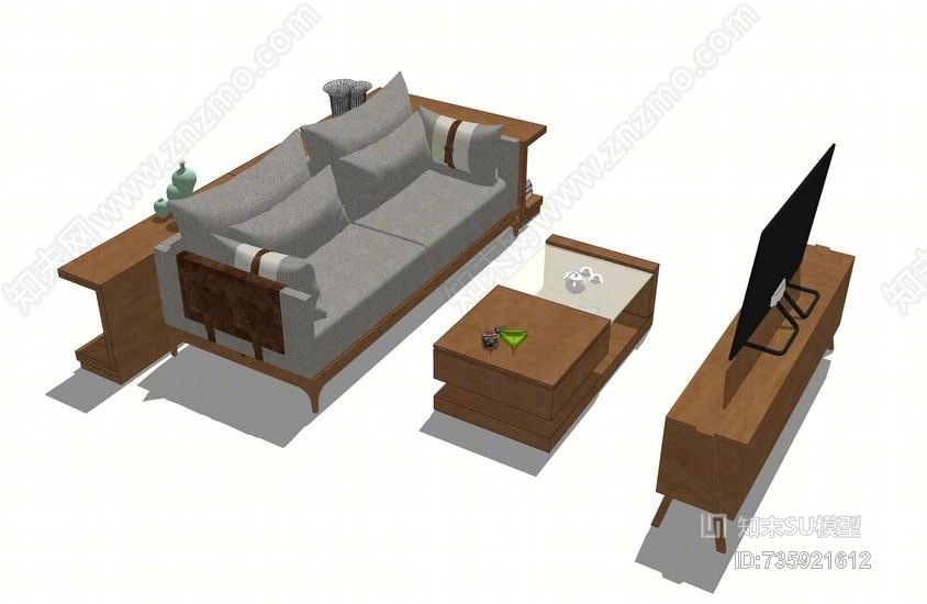 现代客厅沙发茶几电视柜组合SU模型下载【ID:735921612】