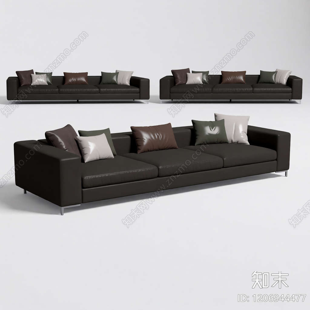 深色皮质沙发带抱枕3D模型下载【ID:1206944477】