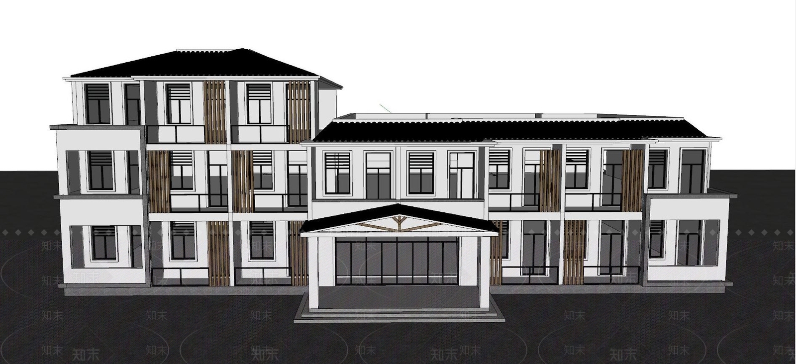 现代四合院别墅外观SU模型下载【ID:1126144684】