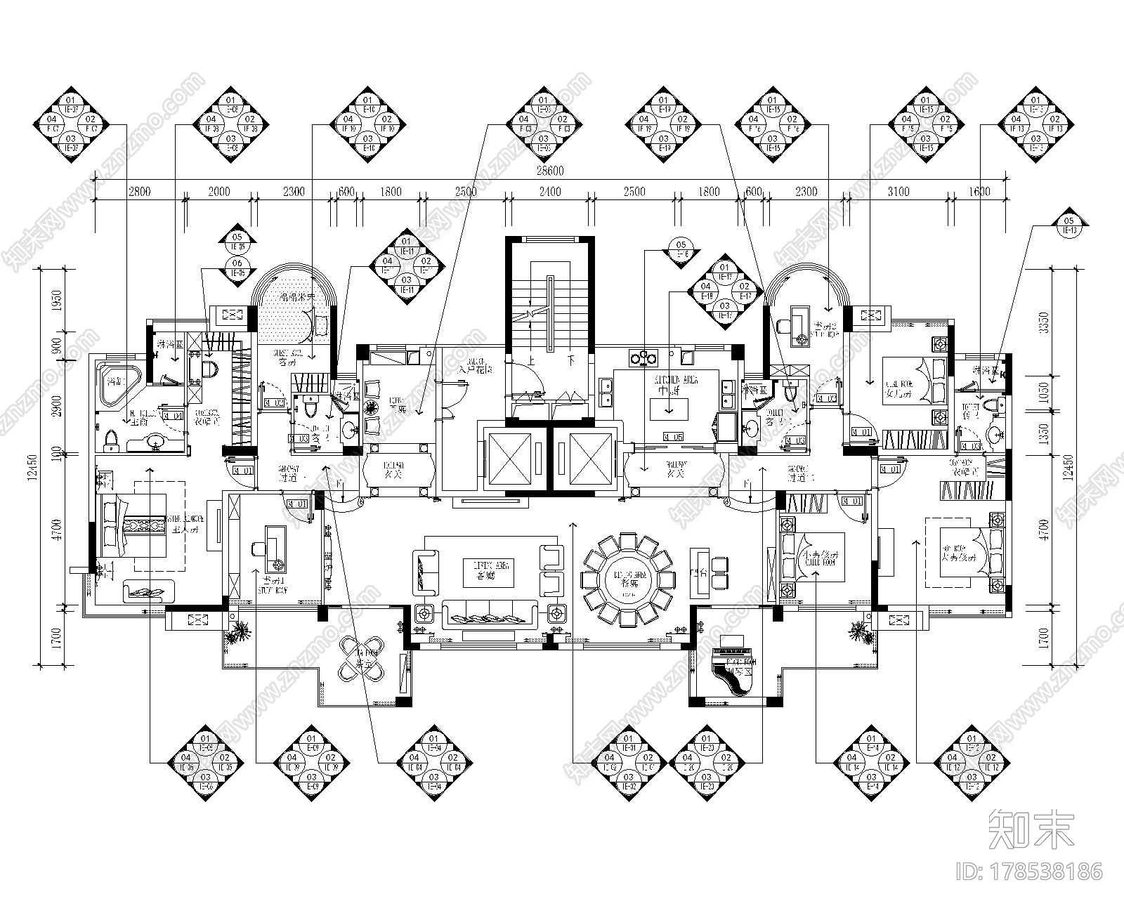 精品豪华欧式风格六居室样板间室内装修施工图（含效果）cad施工图下载【ID:178538186】