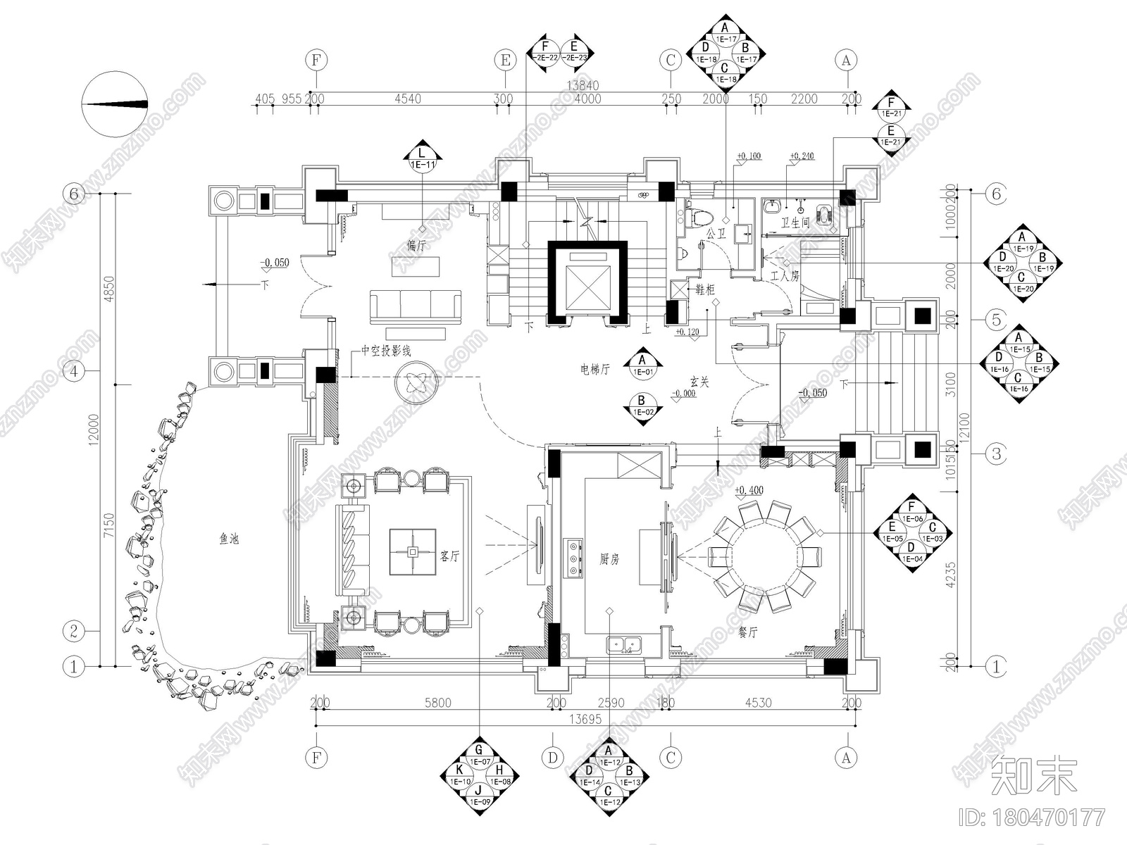 [广东]847㎡现代四层四居室家装别墅施工图cad施工图下载【ID:180470177】