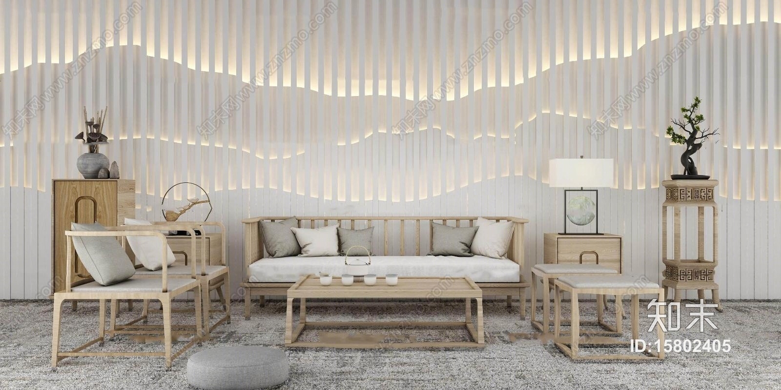 中式实木沙发休闲椅茶几摆件组合3D模型下载【ID:15802405】