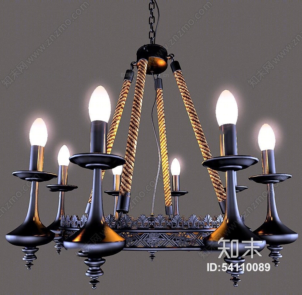 美式复古铁艺麻绳多头吊灯3D模型下载【ID:54110089】