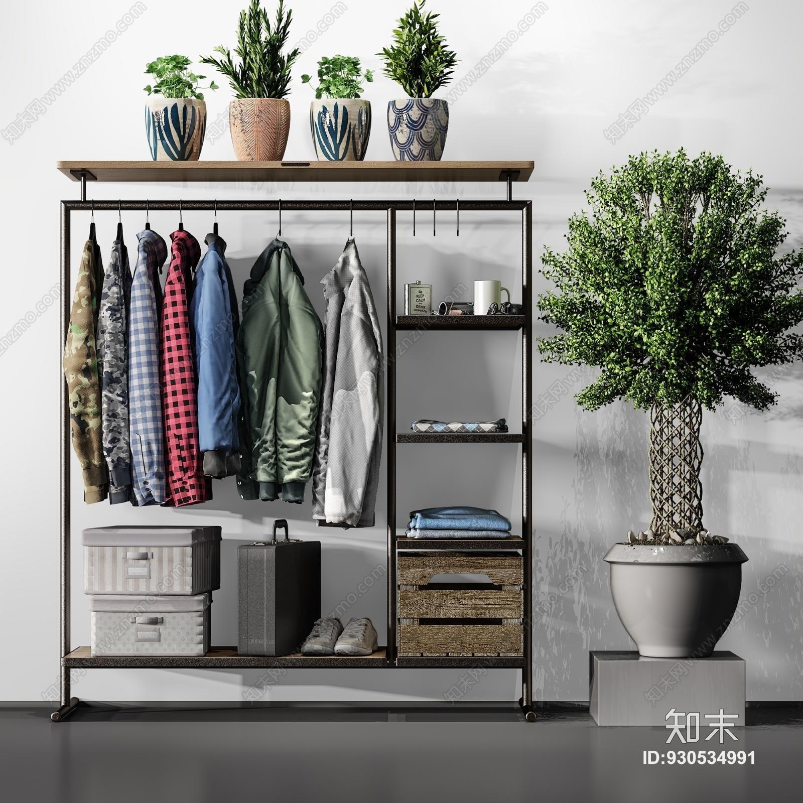 现代工业风衣柜衣服饰品植物盆景3D模型下载【ID:930534991】