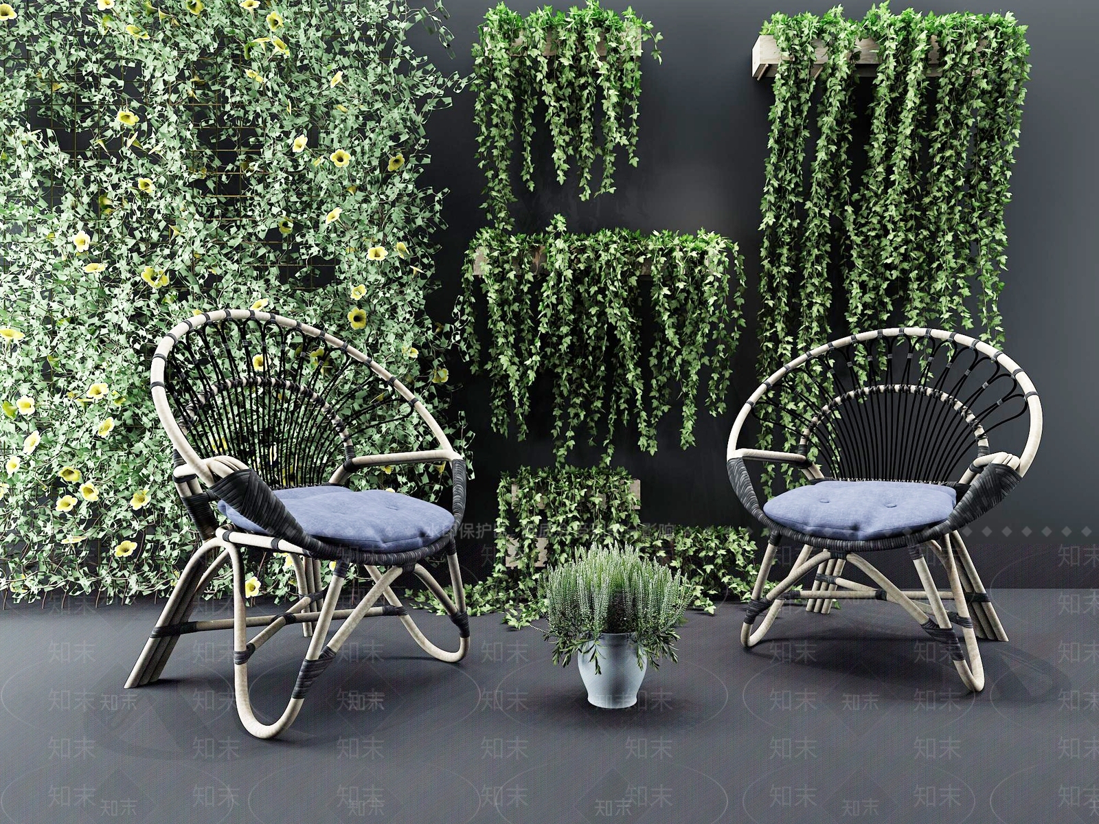 现代绿植花草户外藤椅盆栽植物吊兰爬山虎3D模型下载【ID:434858298】