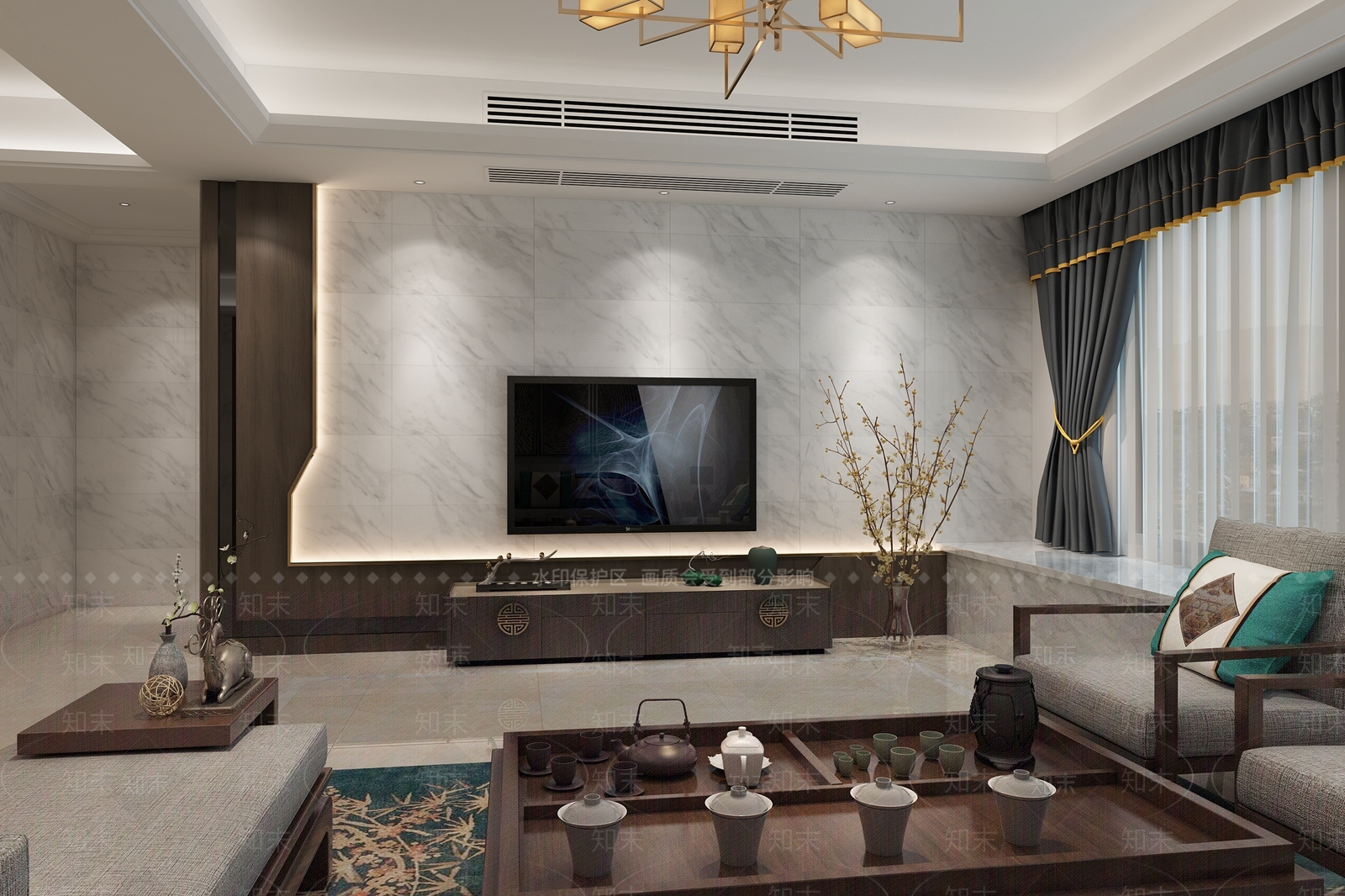 新中式客厅木背景藏光沙发吊灯窗帘壁画柜子博古架摆件花瓶台灯电视柜3D模型下载【ID:732459708】