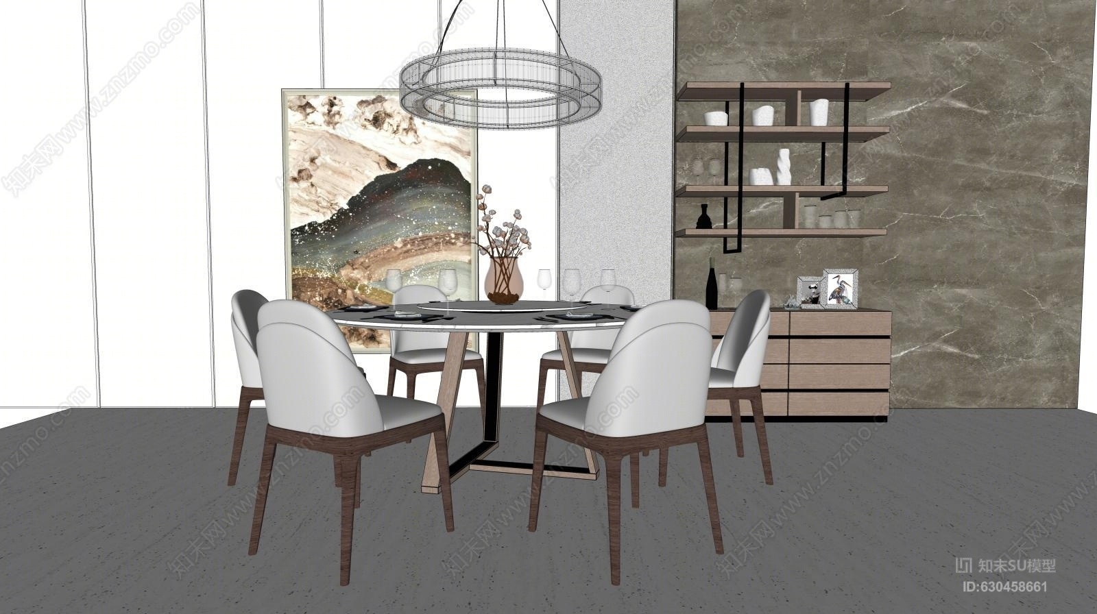 现代风格餐桌椅子灯具挂画组合SU模型下载【ID:630458661】