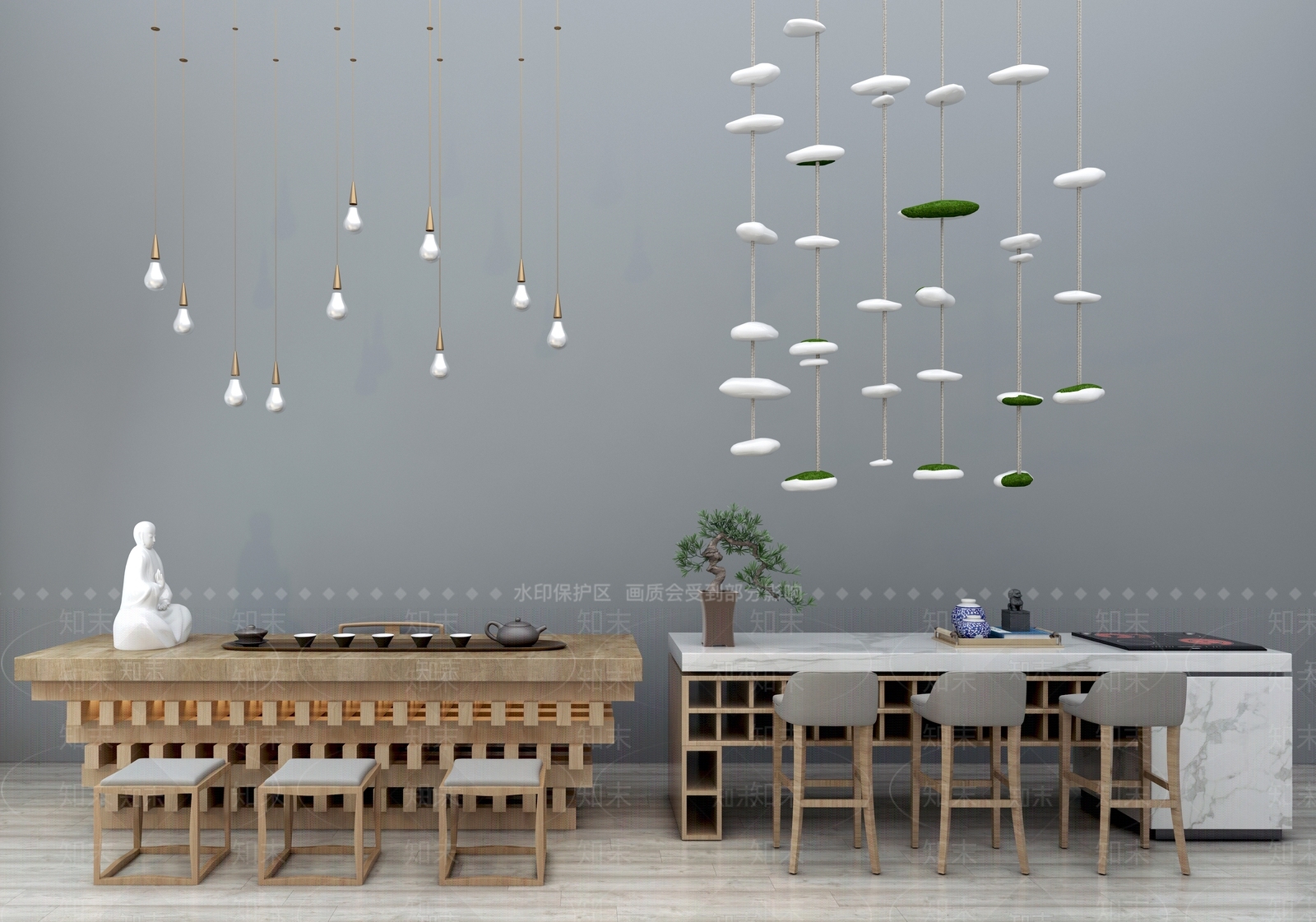 新中式吧台吧椅吊灯吊饰茶桌椅组合3D模型下载【ID:635265347】