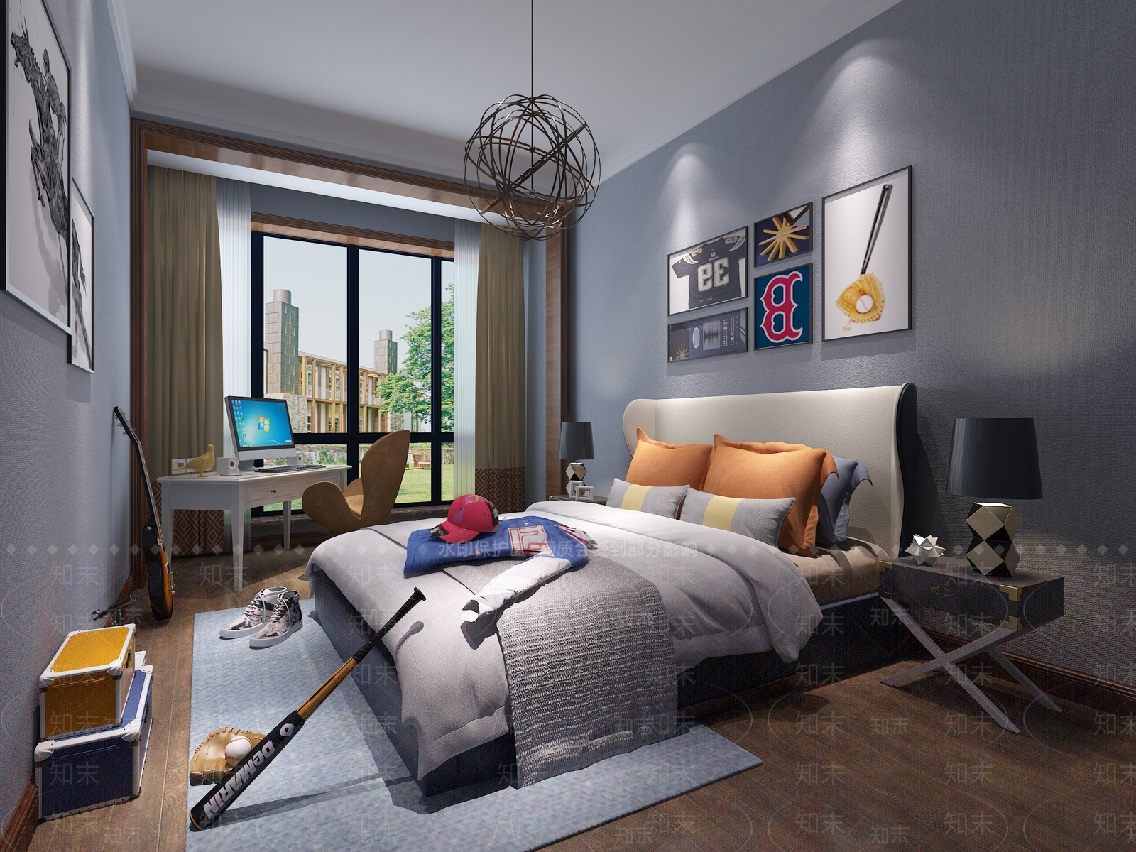 现代男孩房挂画吊灯3D模型下载【ID:433023556】