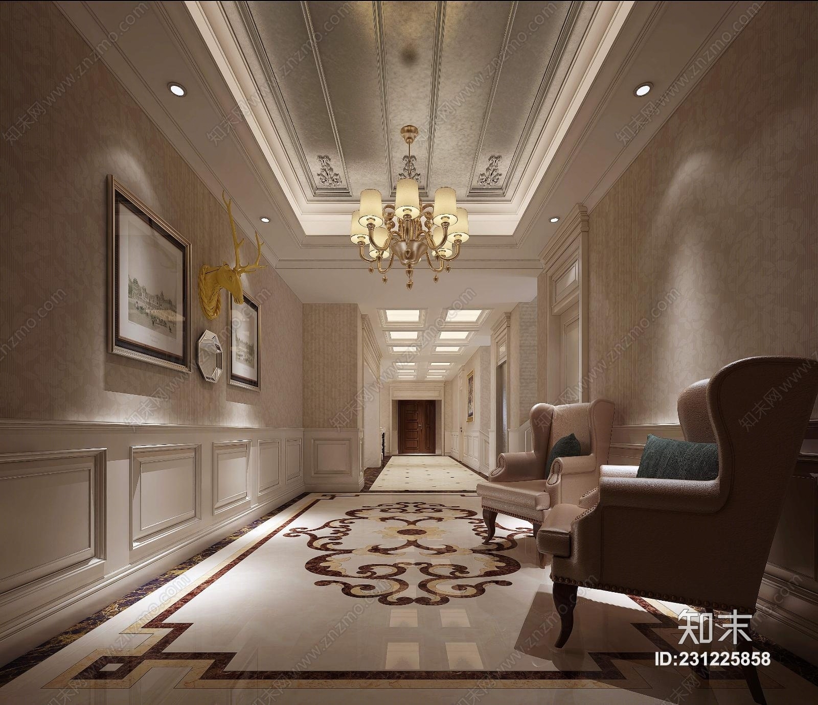 简欧欧式过道吊灯装饰画休闲椅3D模型下载【ID:231225858】