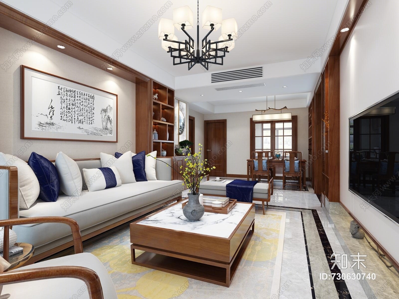 中式客餐厅厨房阳台3D模型下载【ID:730630740】