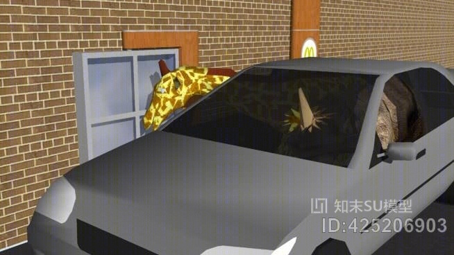 一只长颈鹿和一只犀牛在麦当劳车上订购巨无霸SU模型下载【ID:425206903】