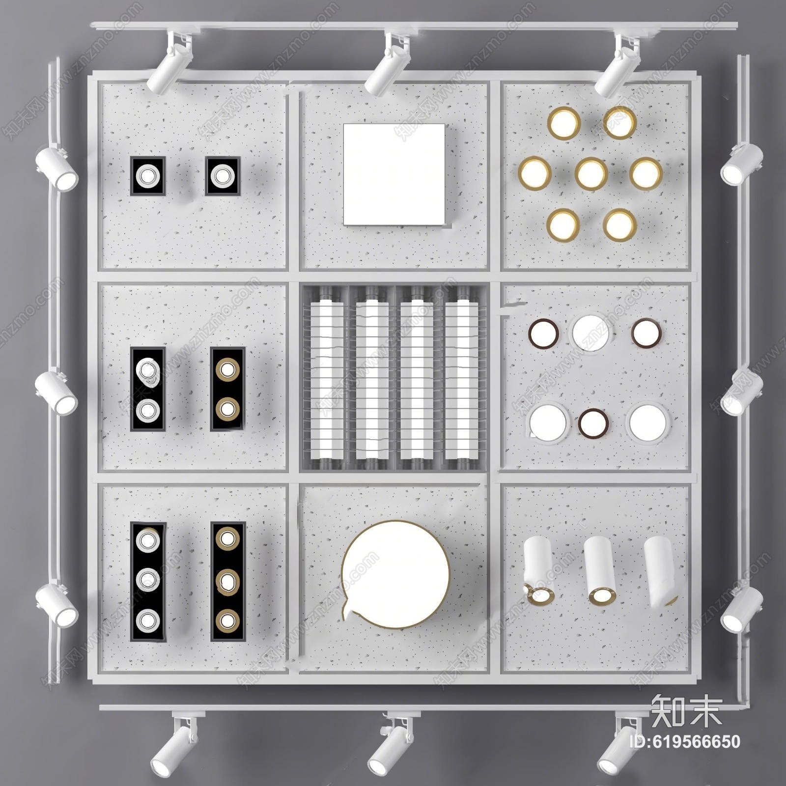 现代筒灯射灯栅格灯组合3D模型下载【ID:619566650】