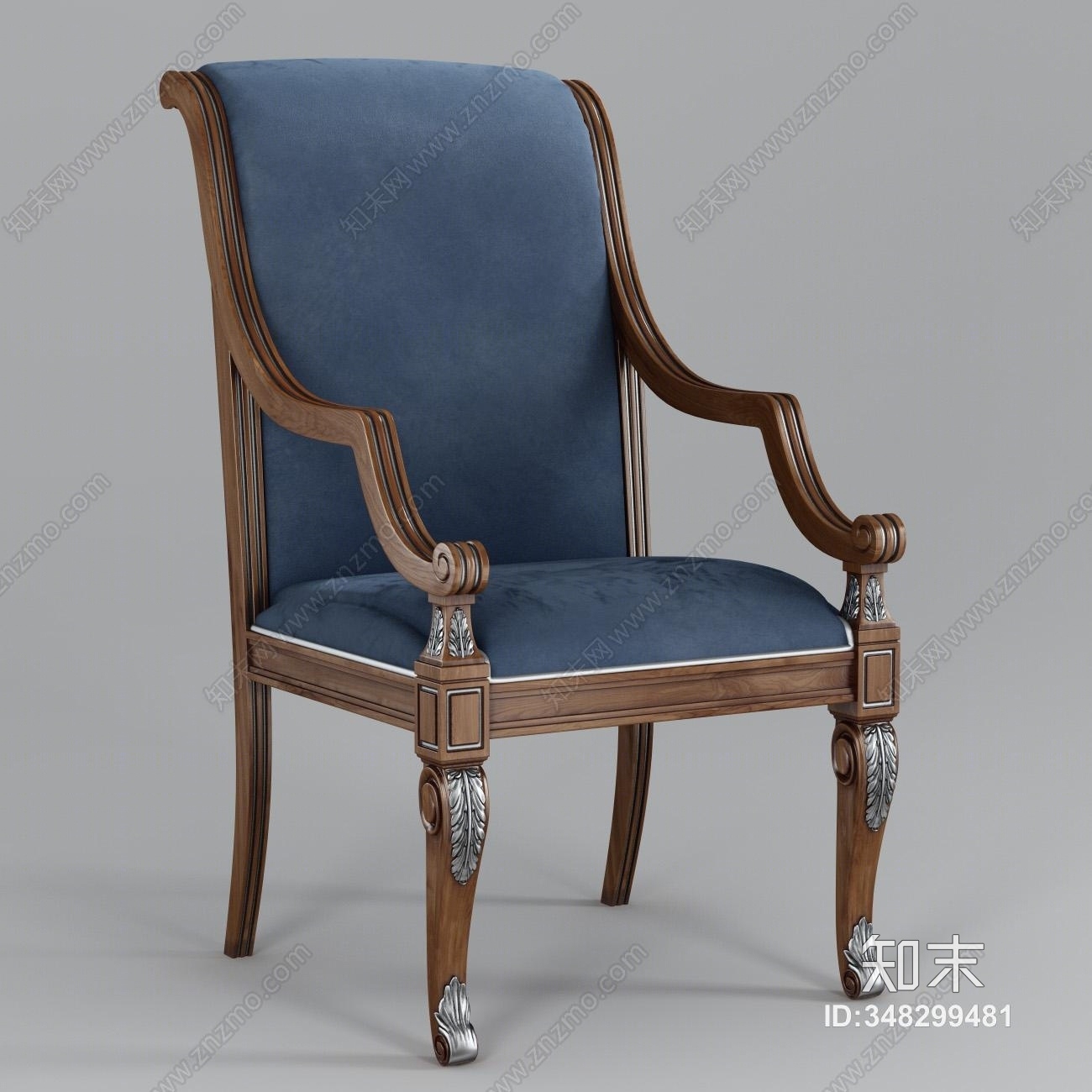 美式银箔雕花扶手椅3D模型下载【ID:348299481】