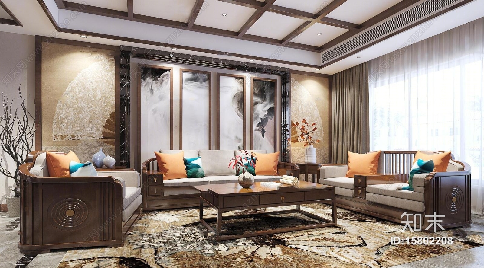 中式实木多人沙发茶几摆件组合3D模型下载【ID:15802208】