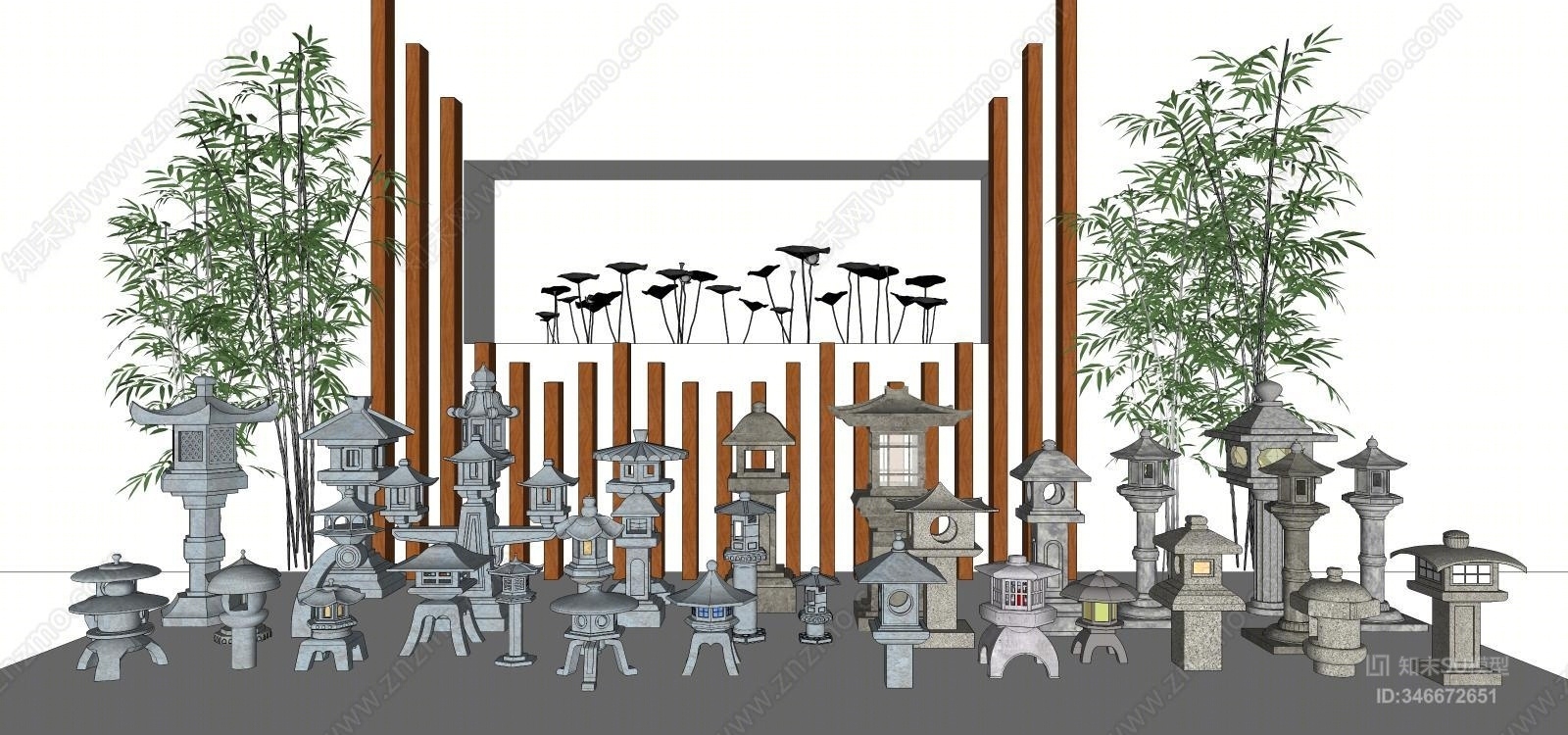 日式风格禅意石灯笼组合SU模型下载【ID:346672651】